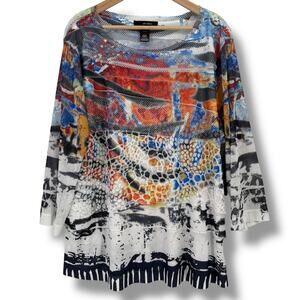 Ali Miles Abstract Animal Print Mesh Overlay Shirt Plus Sz 2X 3/4 Sleeves